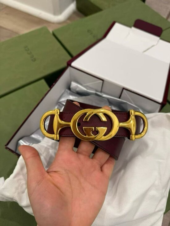 NWT Authentic Gucci Burgundy Double GG Horsebit Calfskin Belt